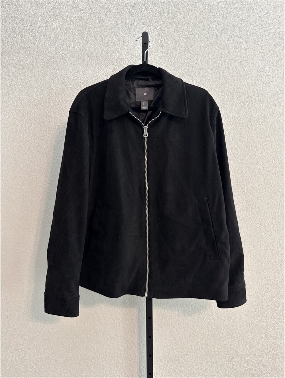 H&M Men’s Black Suede-like Full Zip Collared Jacket Regular Fit Size LRG